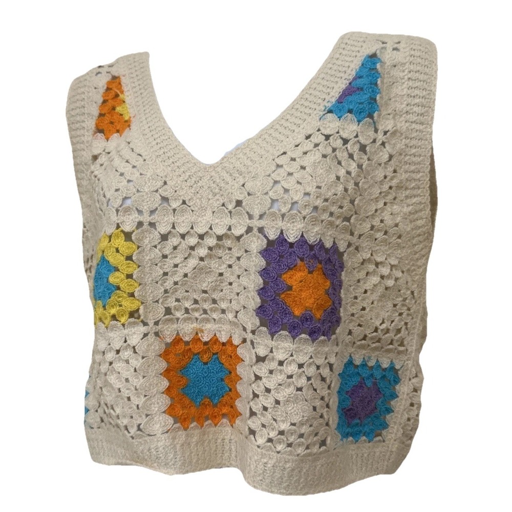 Rebellion Again Womens Crochet Granny Square Sweater Vest Cream Multi Color Sz M